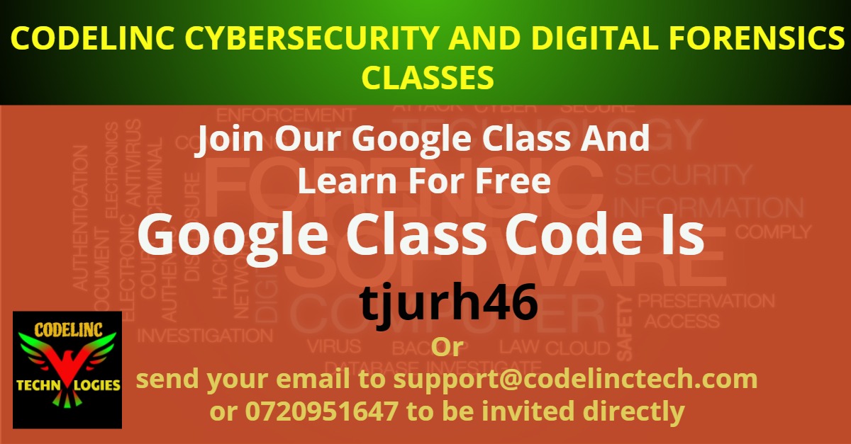codelinc's tweet photo. we have now launched Google classroom to teach #CyberSecurity  and digital #forensics skills to those aspiring to join these fields. During this #covid19kenya period learn something that will make you better when things go back to normalcy 

#codelinc #codelinctechnologies https://t.co/vTYTKCHX9S