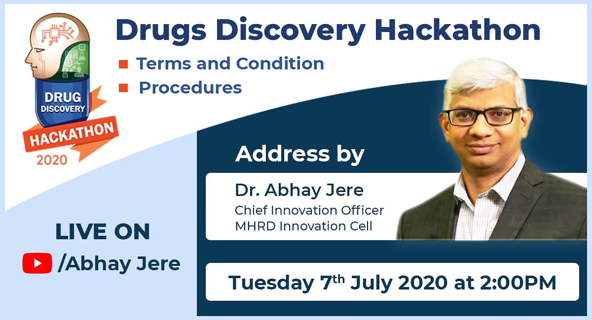 iic_nitjsr's tweet photo. Greetings from MHRD’s Innovation Cell!
Please join us LIVE tomorrow 7 July 2.00 pm (India Time) to know about Procedures for registration, Terms and conditions and Do's and Don’ts for“Drug Discovery Hackathon.
You are all requested to join us LIVE on YouTube channel @Abhay Jere https://t.co/cpoBtNC5bL
