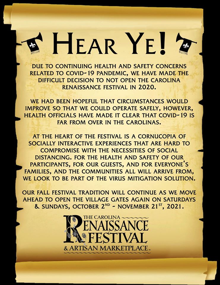 Just posted to their FB page, <a href="/CarRenFest/">Carolina Renaissance</a> says the popular event has been canceled due to #COVID19
