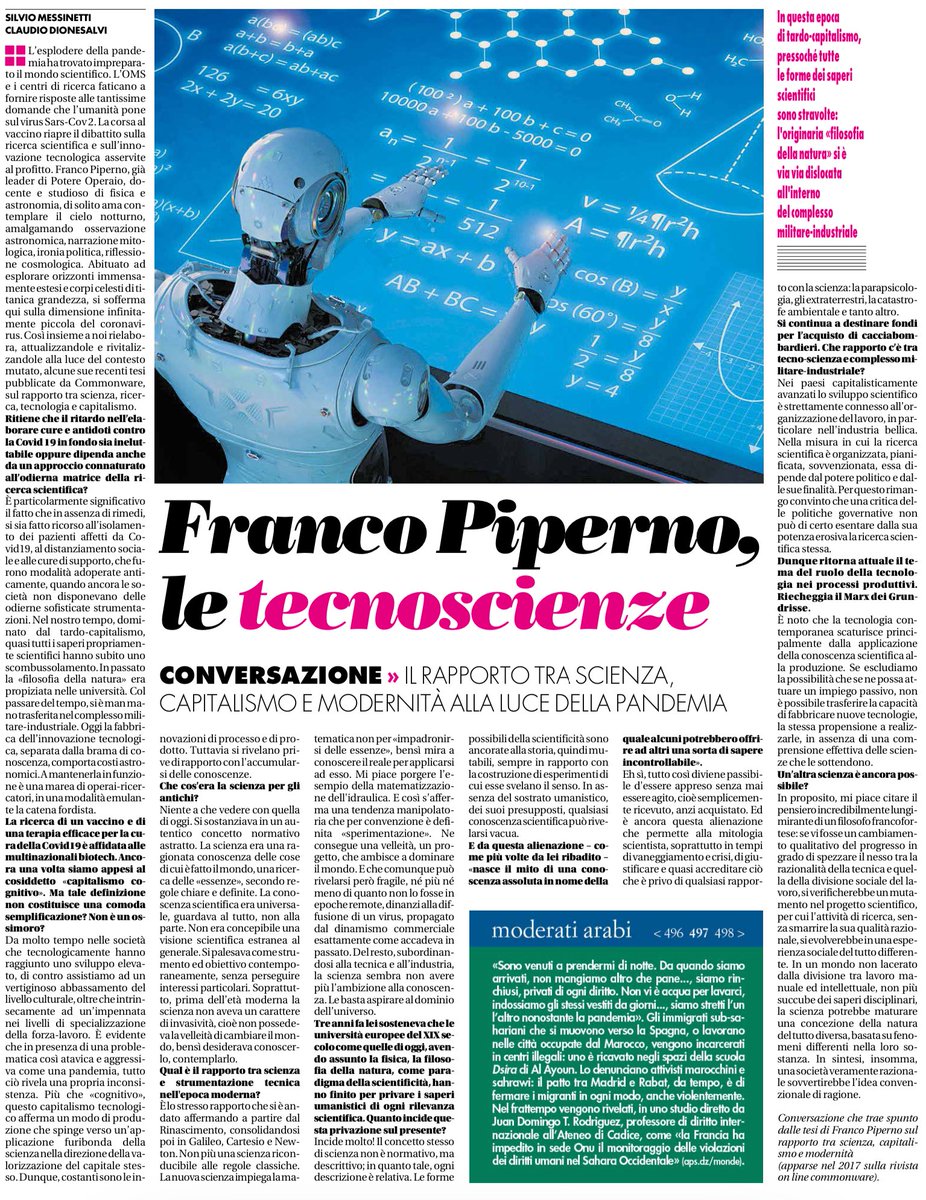 francofontana43's tweet photo. Il rapporto tra scienza, capitalismo e modernità alla luce della pandemia.
Una conversazione con @piperno78 
Silvia Messinetti e Claudio Dionesalvi, @ilmanifesto - Alias sabato https://t.co/2z9rpR50A2