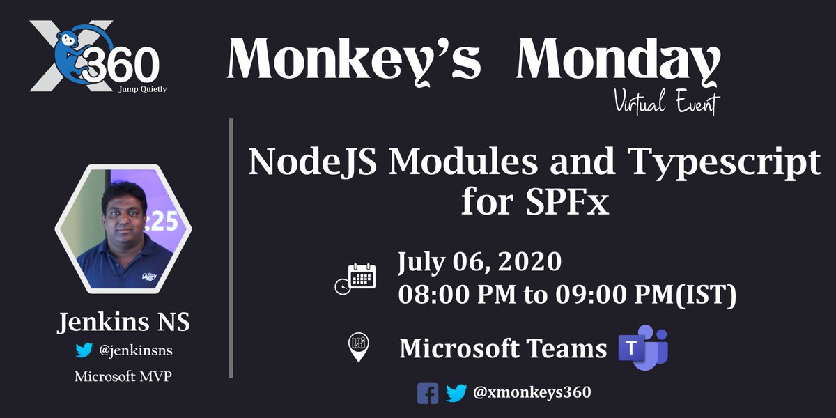 XMonkeys360's tweet photo. One hour to go!! ๐จโ๐ป๐ฉโ๐ป
Next "๐๐จ๐ง๐ค๐๐ฒ'๐ฌ ๐๐จ๐ง๐๐๐ฒ" virtual event series is on "๐๐จ๐๐๐๐ ๐๐จ๐๐ฎ๐ฅ๐๐ฌ ๐๐ง๐ ๐๐ฒ๐ฉ๐๐ฌ๐๐ซ๐ข๐ฉ๐ญ ๐๐จ๐ซ ๐๐๐
๐ฑ" by @jenkinsns
Register Here: https://t.co/1jaqwE1I75
#spfx #nodejs #typescript #XMonkeys360 #MonkeysMonday https://t.co/i13noqVzfG