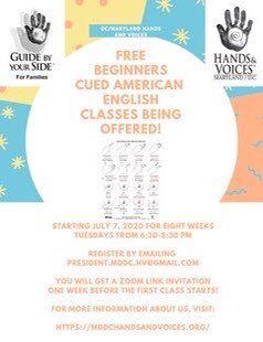 HISSignLLC's tweet photo. Happy Monday! 

Starting tomorrow, DC/Maryland Hands and Voices will be offering free classes to learn Cued American English. These classes will be through Zoom and run for the next 8 weeks. Take advantage of this opportunity to learn a new skill! #cuedspeech https://t.co/VjK4MKYGen