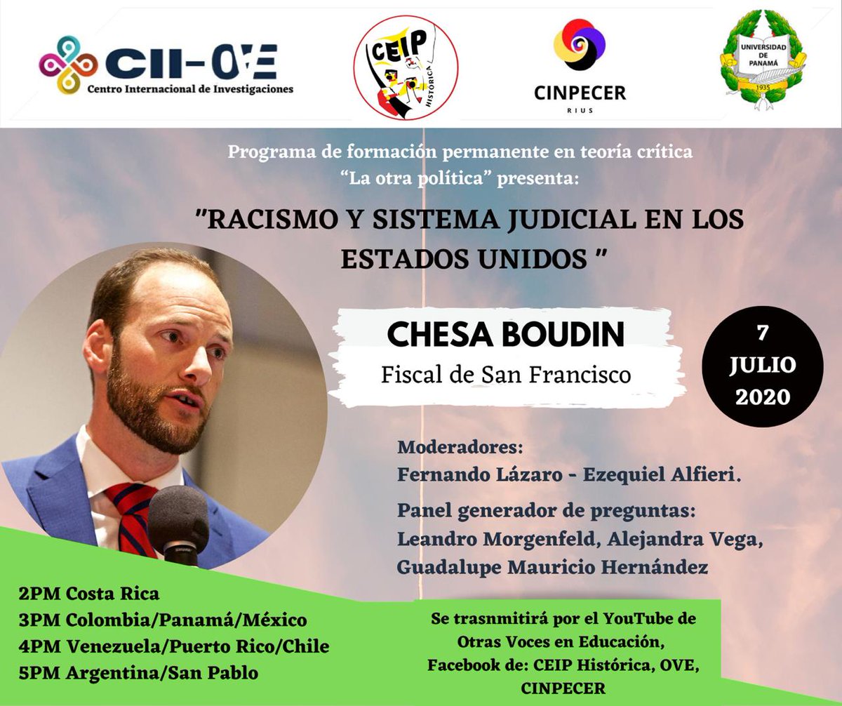 CentroRius's tweet photo. ¡Mañana! la conferencia "RACISMO Y SISTEMA JUDICIAL EN LOS ESTADOS UNIDOS" con Chesa Boudin.

Un esfuerzo conjunto entre #CIIOVE (Venezuela) #CEIPH (Argentina) y #CINPECER (México).

#FelizLunes https://t.co/ZfA2yEzEca