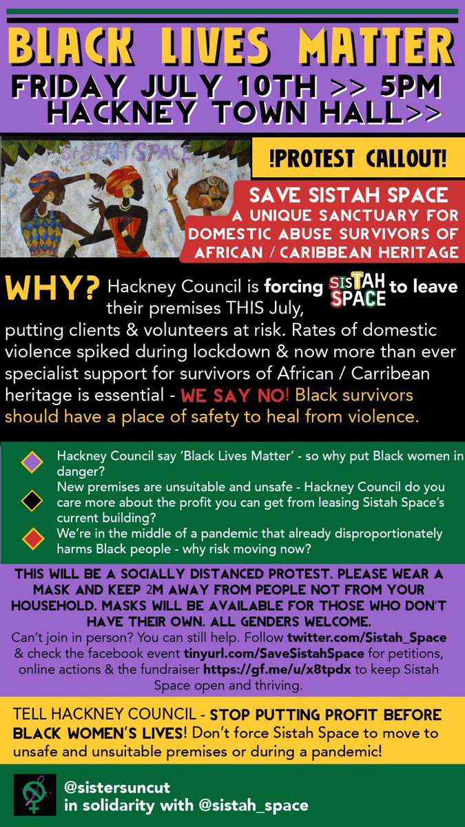 SistersUncut's tweet photo. 📣RT ACTION 10.07.2020 Hackney Town Hall 5pm📣

Join our action in solidarity with Sistah Space to save one of the last remaining Black Caribbean domestic violence services in London. All genders welcome. https://t.co/1A7fwakofa