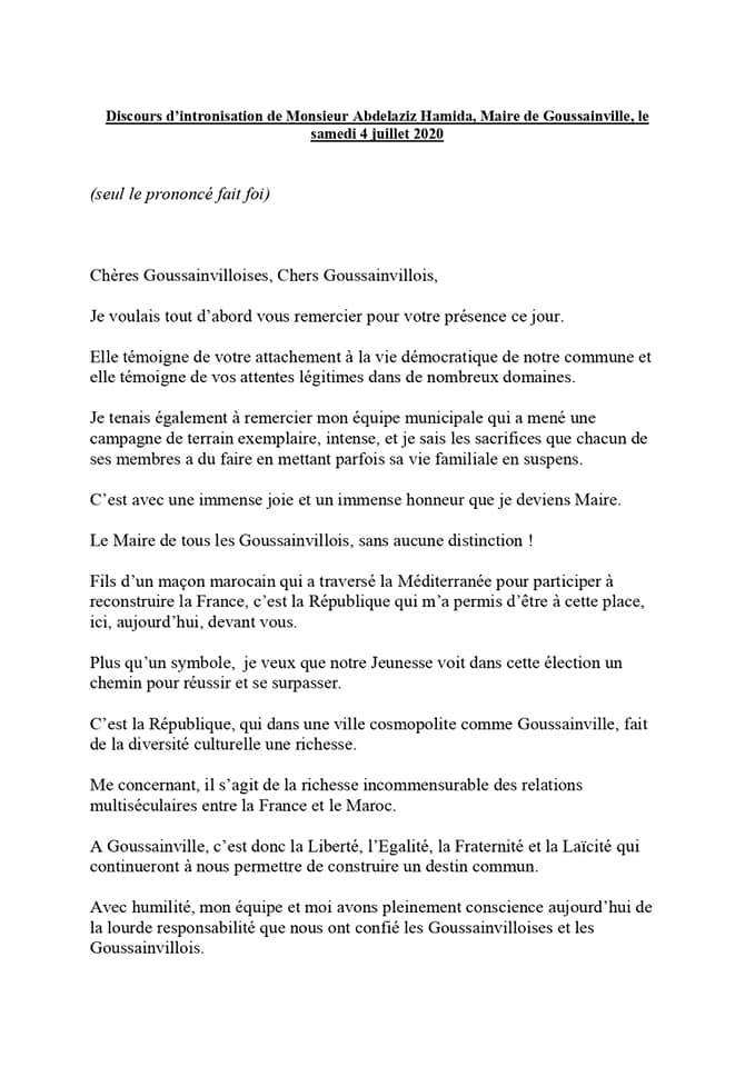 goussainville95's tweet photo. M. Abdelaziz #Hamida @ahamida95 est le nouveau Maire de Goussainville. Retrouvez ici son discours d'intronisation prononcé lors de la séance d'installation du Conseil municipal, samedi 4 juillet 2020. #Goussainville https://t.co/EM36qZNDzo