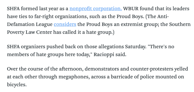 13/ Super Happy Fun America's Samson Racioppi told WBUR that "There's no members of hate groups here today," but that's demonstrably untrue.LINK:  https://www.wbur.org/news/2020/02/22/super-happy-fun-america-back-the-blue-rally-protest-boston-police