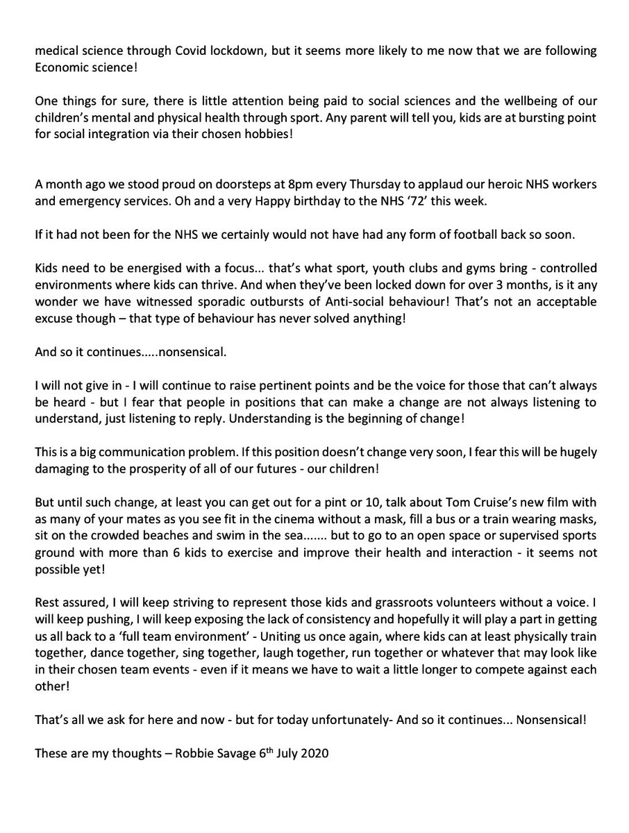 Please read this open letter on grassroots sports, it's so IMPORTANT for the physical and mental well being of our youngsters to bring sport back ASAP 🙏🏻⚽️
<a href="/BorisJohnson/">Boris Johnson</a> <a href="/DamianCollins/">Damian Collins</a> <a href="/MattHancock/">Matt Hancock</a> <a href="/Alison_McGovern/">Alison McGovern</a> <a href="/OliverDowden/">Oliver Dowden</a> 

#grassroots