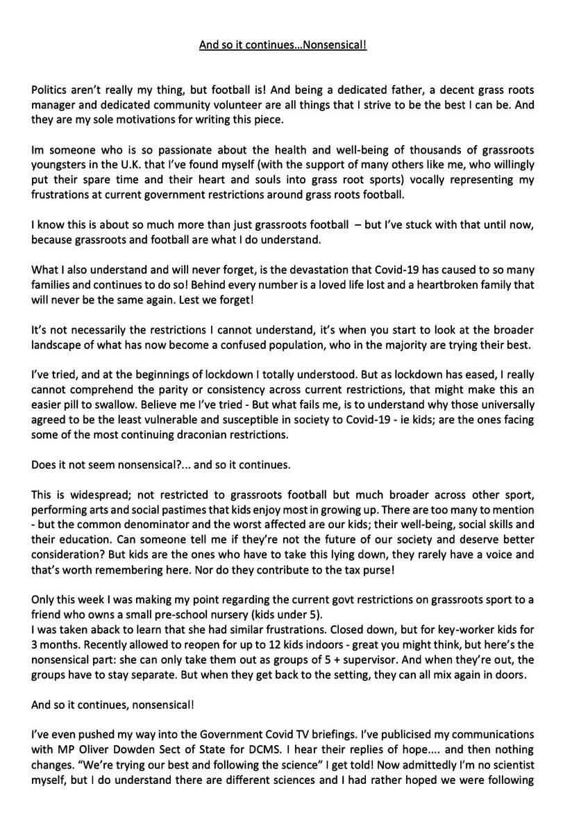 RobbieSavage8's tweet photo. Please read this open letter on grassroots sports, it's so IMPORTANT for the physical and mental well being of our youngsters to bring sport back ASAP 🙏🏻⚽️
@BorisJohnson @DamianCollins @MattHancock @Alison_McGovern @OliverDowden 

#grassroots https://t.co/nVuHi38QYL