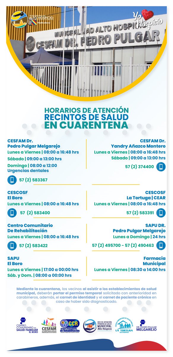red_alto's tweet photo. ¡Atención vecinos!
La Red de Atención Primaria de Salud Municipal de la comuna de #AltoHospicio les comparte el horario🕖 de atención de los recintos de salud en la cuarentena.
#atenciónprimaria
#MAHOSPICIO
#QuédateEnTuCasa
#EntreTodosNosCuidamos https://t.co/f26IfnWSvE