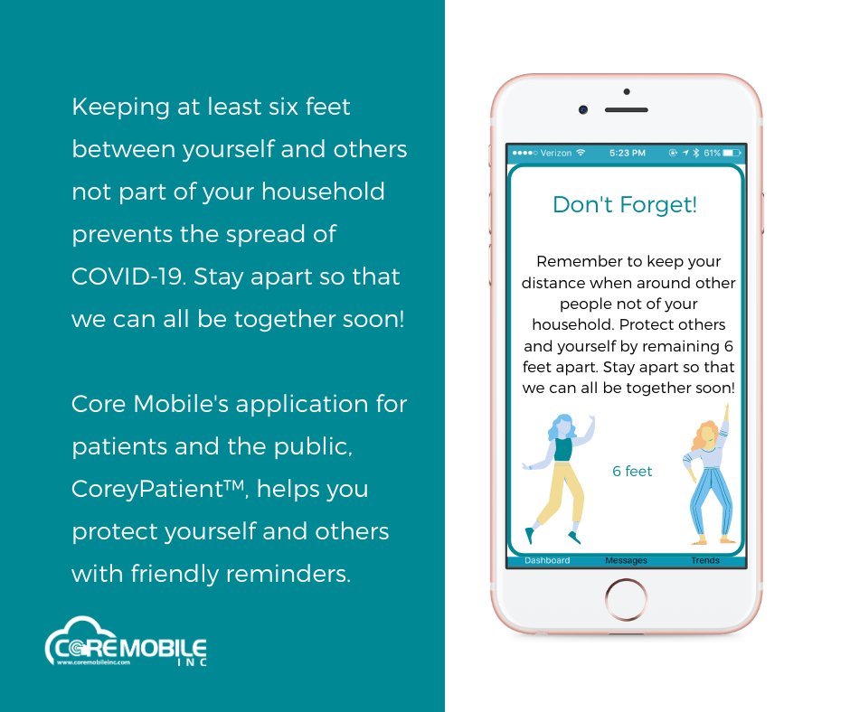 CoreMobileInc's tweet image. We all want to hold our nearest and dearest close but keep at least 6 feet of distance from those not of your household to help stop the spread of COVID-19.

#flattenthecurve #CoreMobile #Reminder #MondayMotivation #DigitalHealth #WashYourHands #COVID #COVID19 #Pandemic