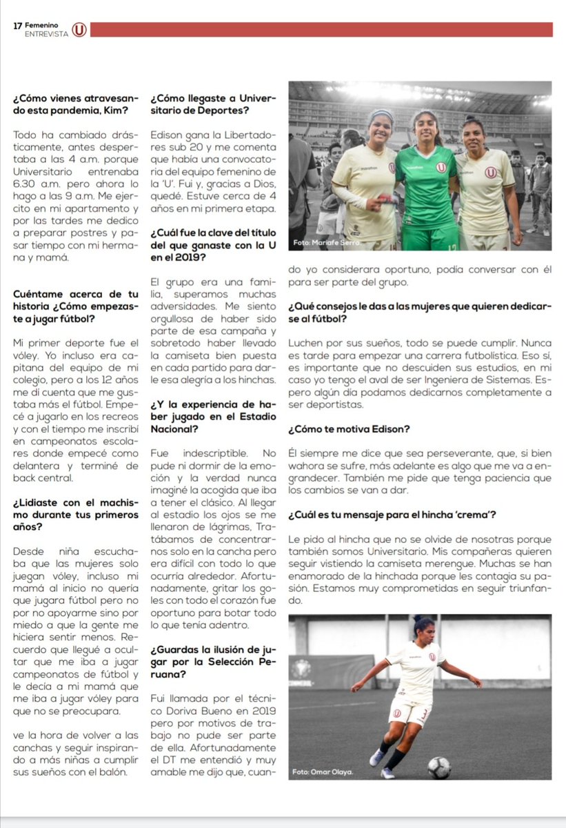 rosamariamt5's tweet photo. ¡Hola chicos! Les cuento que ya salió la I Edición virtual de la revista de la @ADFP_Peru ⚽🇵🇪 donde tuve la oportunidad de colaborar con una nota a Kimbherly Flores, futbolista de @Universitario 🏆. 
Agradecimiento a Omar Olaya por las📷. 
Aquí el link 👉🏽 https://t.co/Zmf7laLTXZ https://t.co/d2m7tf2sLe