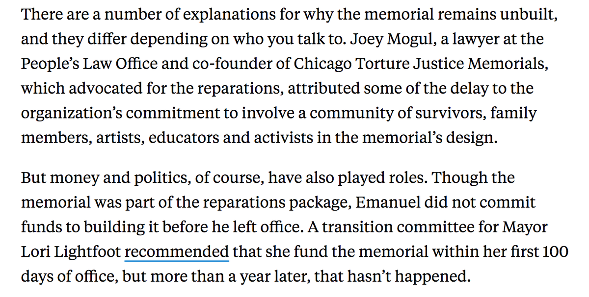 ChicagoTorture's tweet photo. It has been 5 years since the Reparations legislation was passed, but one of its key components—the memorial—has yet to be built. Rahm Emmanuel did not commit funds to be built before he left office and Lori Lightfoot has yet to follow through. https://t.co/CsjSUNccVc