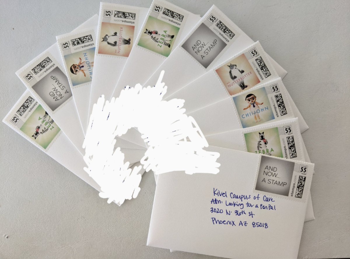 kswank2's tweet photo. Putting my #LastWeekTonight stamps to good use and writing to residents of assisted living homes around the country. Hope it brings a little smile to their day! #penpals #johnoliver #andnowastamp https://t.co/BosEPu4mlW