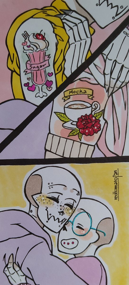 redtomatofan's tweet photo. I had this on my phone for like a week now, I'm sorry for making you wait Essy 😭
Mocha - Essy's version or Fellswap!Gold Papyrus called Coffee 
Sugar - my version of Horrortale Pap! 
In this AU Sugar is a tattoo artist and Mocha is into tats &amp; piercing!
#papcest #sweetcoffee https://t.co/o353IAKprP