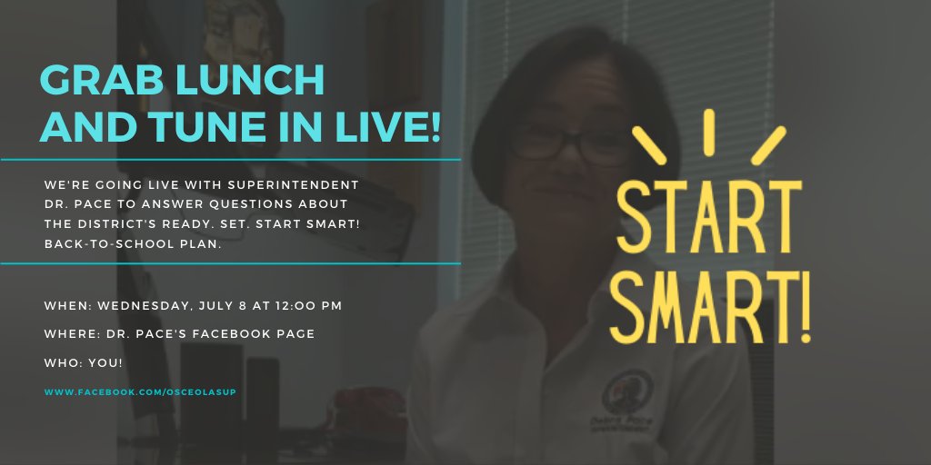 We're going live with Superintendent Dr. Debra Pace on Wednesday at noon to answer all your Ready. Set. Start Smart! questions! Add your questions below or tune in to ask them then. We'll be live on Dr. Pace's Facebook: wwww.facebook.com/osceolasup #SDOCGoodtoGreat #SDOCStartSmart