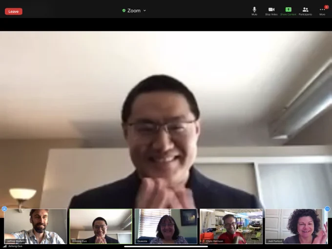 screenshot of Anhong Guo presenting, with Jeff, Queenie Kravitz, Chris Harrison, and Jodi Forlizzi in small views