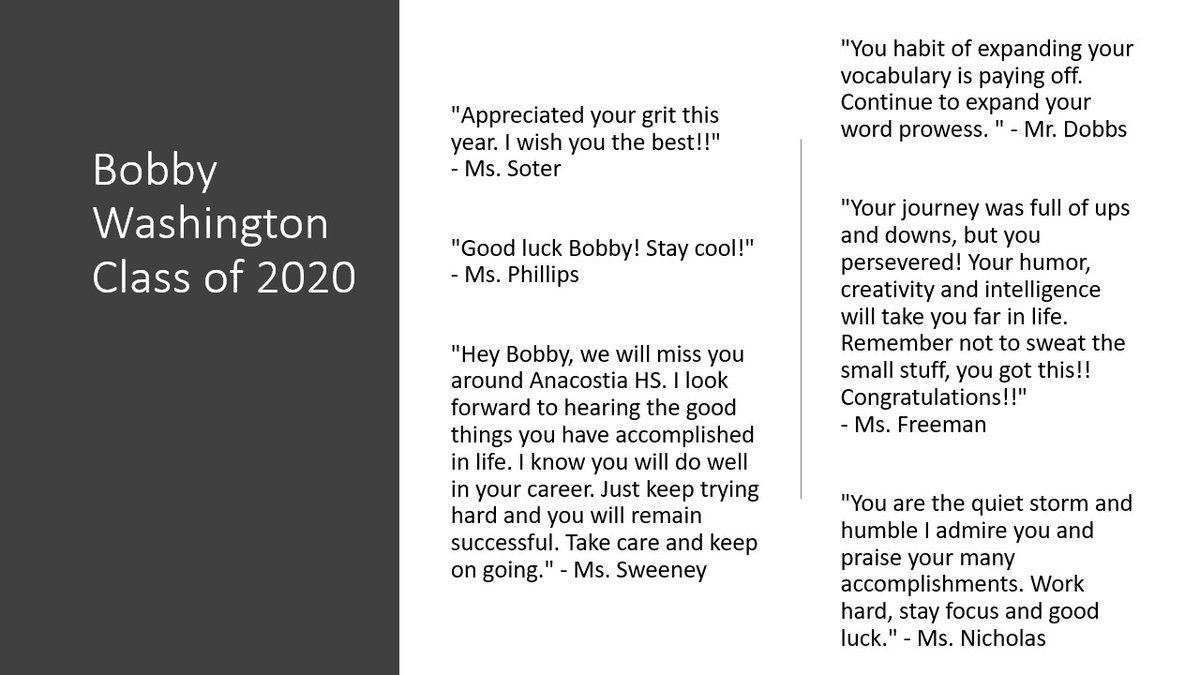 AnacostiaHigh's tweet photo. Bobby, you were an awesome addition to the Anacostia family.  We have admired your personality &amp; leadership amongst your peers.  We know you will do well in your next stage because of the grit, perseverance &amp; intelligence you showed us.  Congratulations and best of luck. #WhyAna https://t.co/ip4MA4goKq