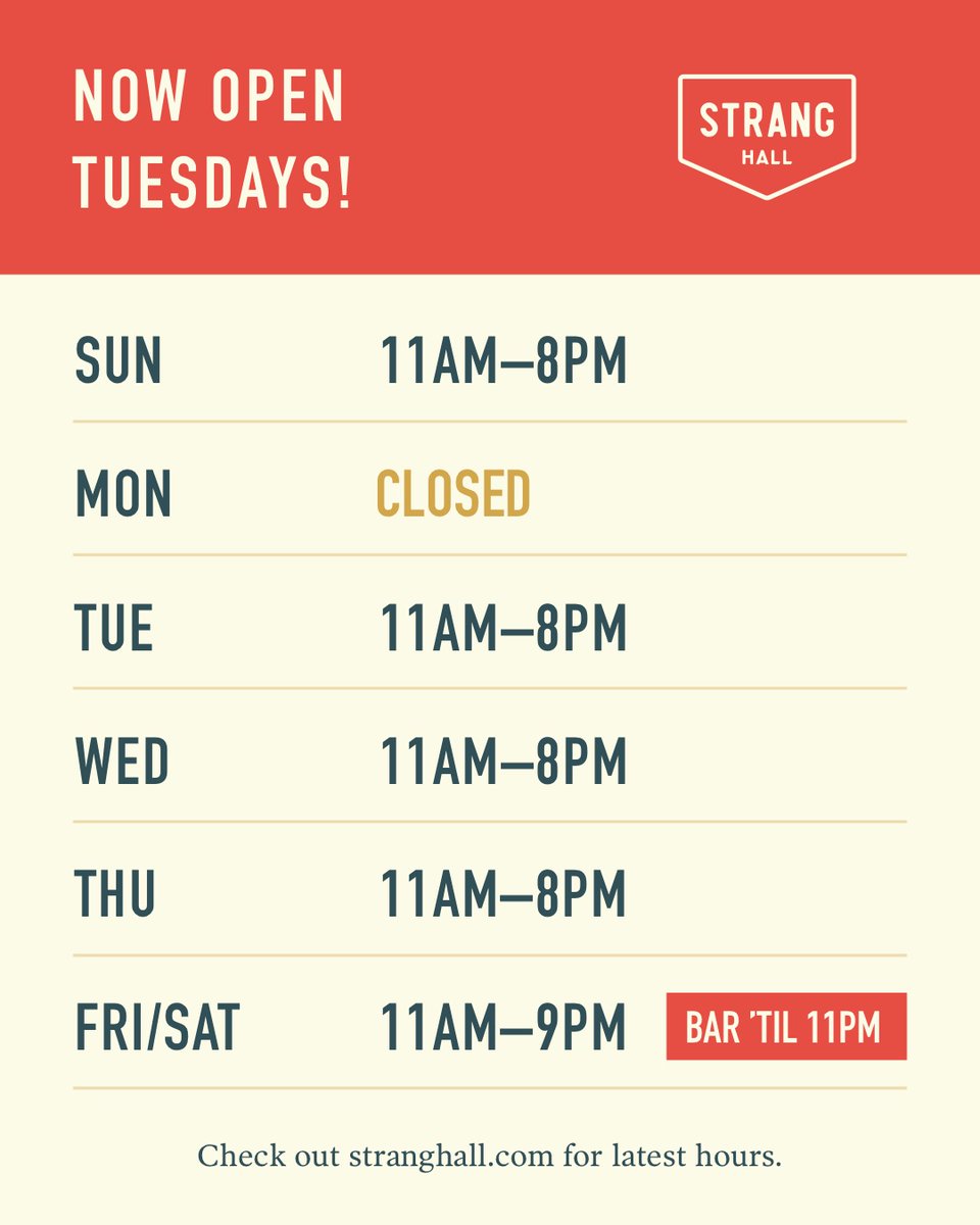 stranghall's tweet photo. We are giving you an additional day of the week to eat all things Strang! Beginning tomorrow, we will be adding Tuesdays to our schedule and are pretty excited about it!🎉 See you soon!!! #StrangHall https://t.co/shVZZ6z2B0