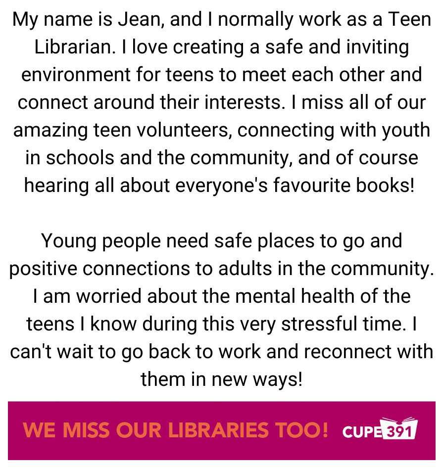 CUPE391's tweet photo. We are sharing messages from our CUPE 391 members who want to let you know what they’ve missed most about working at Vancouver Public Library.
Today, meet Jean!
#wemissourlibrariestoo #vancouver #vancouverpubliclibrary #VPL #vanpoli #librarytwitter #vanlab #onlylibrariescan https://t.co/ILTwQxhHah