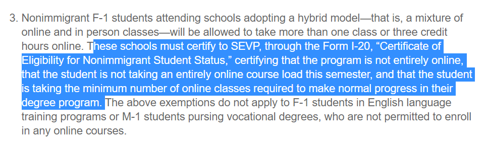 Lots of people are asking whether schools could adopt some form of hybrid system where they only hold a tiny fraction of classes on campus, and the answer is, it depends. Here's what ICE says on "hybrid" models, with some in-person classes and some online.