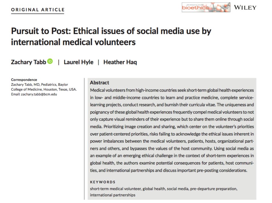  #medicalvolunteers (MVs) from HICs seek out  #LMICs for short-term exp in  #globalhealth for many reasons @heather_haq, Laurel Hyle, & I examined the problematic  #ethics when MVs prioritize image capture and sharing of their clinical exp on  #SocialMedia https://onlinelibrary.wiley.com/doi/10.1111/dewb.12267