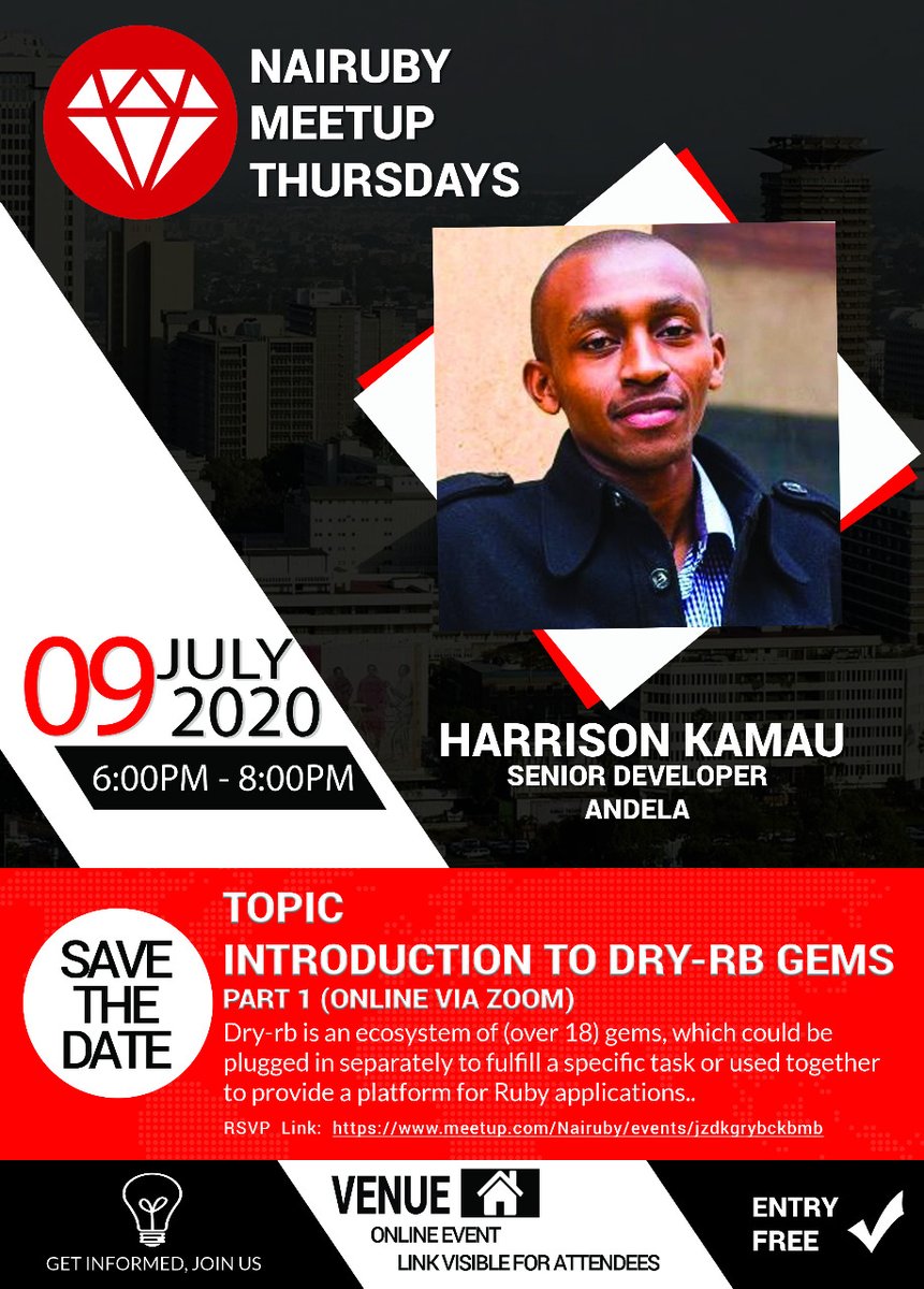 Join us for an online Ruby meetup on Thursday from 6.00pm-8.00pm.
We'll give an intro to Dry-rb gems. They help you write clear, flexible, and more maintainable code. Together they make a powerful platform for any kind of Ruby application. <a href="/dry_rb/">dry-rb</a>
RSVP meetup.com/Nairuby/events…