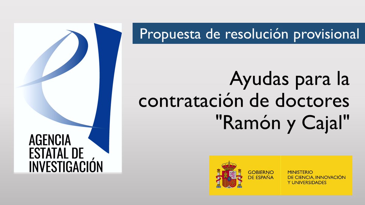 AgEInves's tweet photo. ‼️ La @AgEInves publica la Propuesta de Resolución Provisional de la convocatoria 2019 de ayudas para la contratación de doctores "Ramón y Cajal".
💰61,7 M€
https://t.co/3tJgplXwqX https://t.co/1a5Ptlx70R