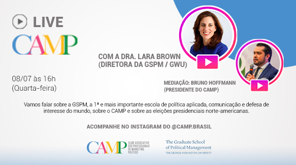 CAMP_bra's tweet photo. Essa semana teremos o prazer de receber a Dra.
@LaraMBrownPhD, Diretora da @gspmgwu da @GWtweets. Será um bate-papo sobre a escola, o CAMP e as eleições presidenciais norte-americanas. Quarta, 8/7 - 16h. #marketingpolitico #onlyatgspm https://t.co/MMxkE3ppnu