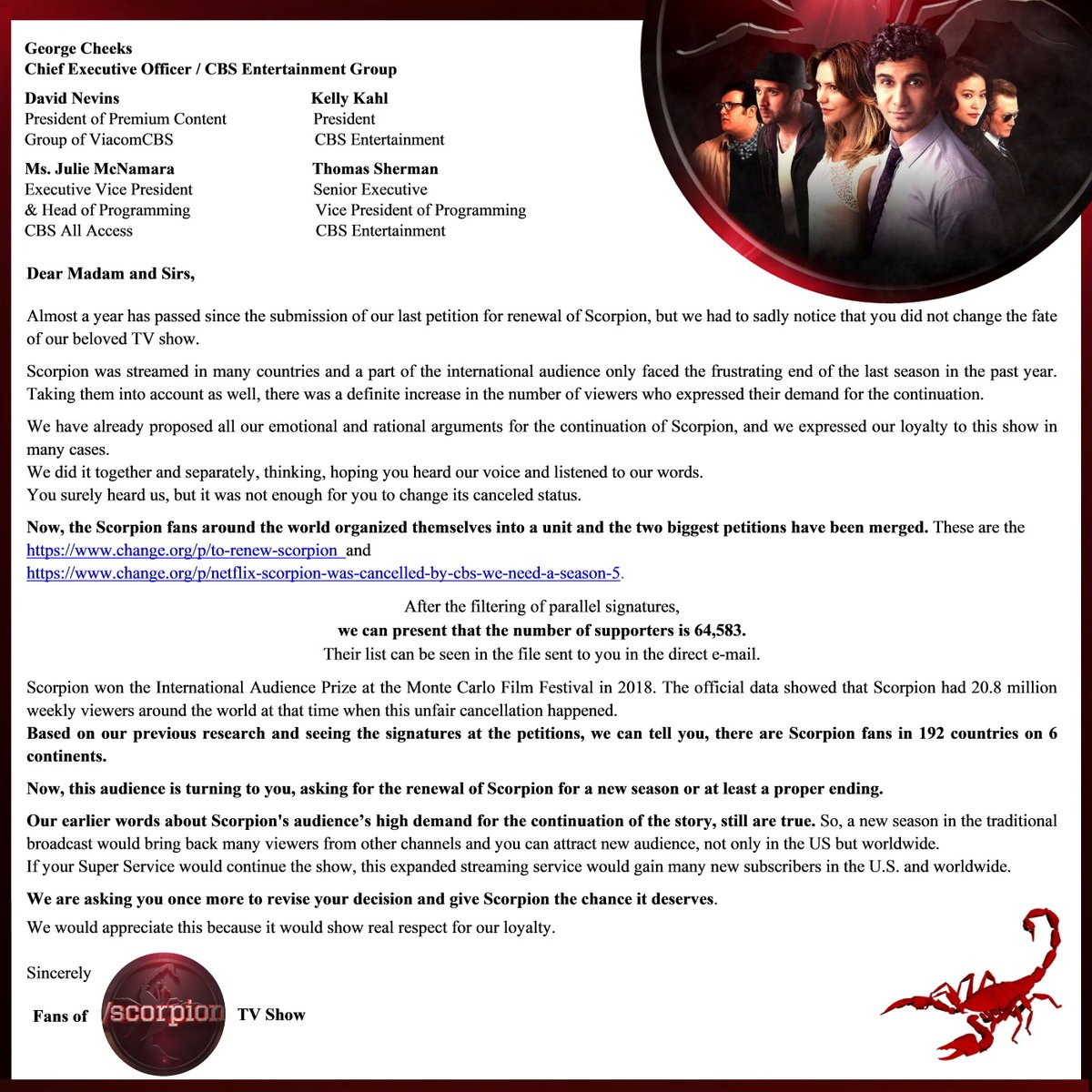 Dear <a href="/ScorpionCBS/">Scorpion</a> @ViacomCBS  <a href="/CBSNewsEnt/">CBS Entertainment</a> @CBSTweet <a href="/CBSTVStudios/">CBS Studios</a> @CBSi @CBSAllAccess 
we'd like to call your attention to our beloved Scorpion TV show. We'd be so grateful if you consider our letter and reflect on our message. Thanks in advance for your attention! #SaveScorpion