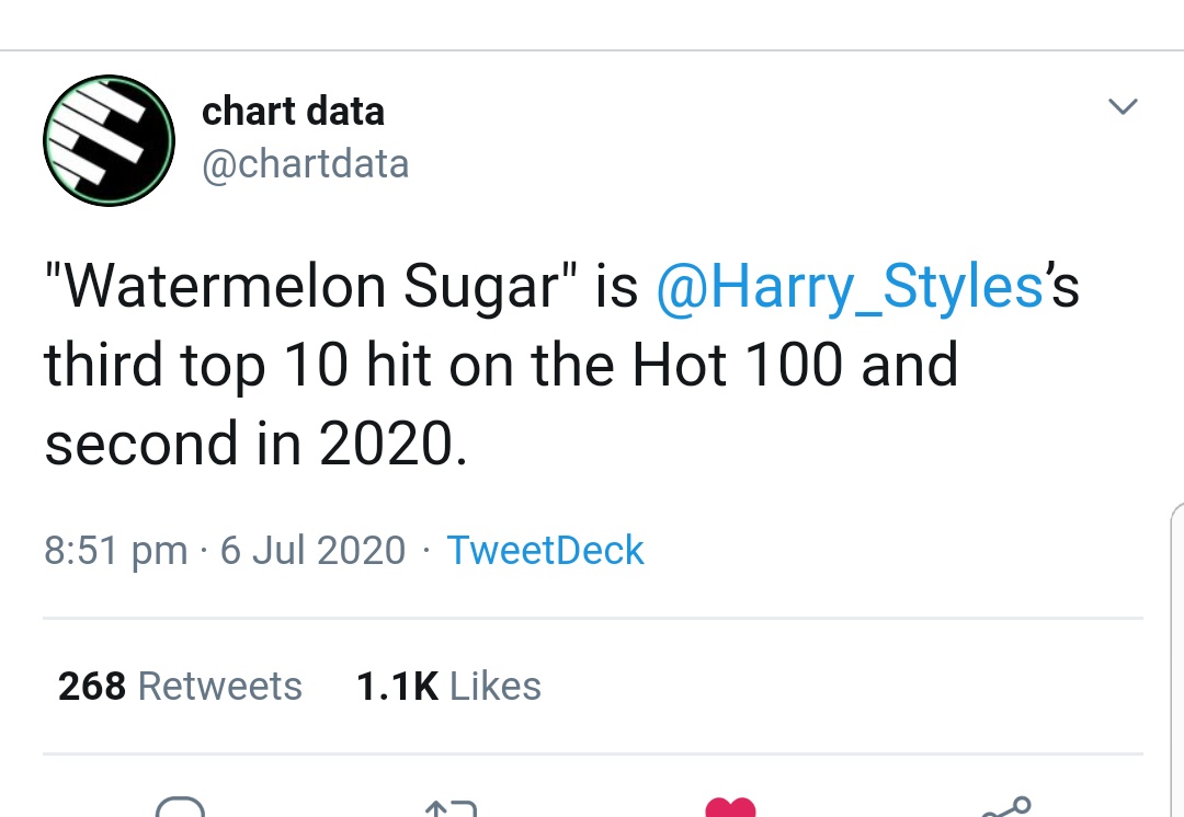 "Watermelon Sugar" reached the top 10 of Billboard 100 chart at #8, and is harrys THIRD top 10 hit and second from "Fine Line".Harry currently has two singles in the top 20 of this chart.