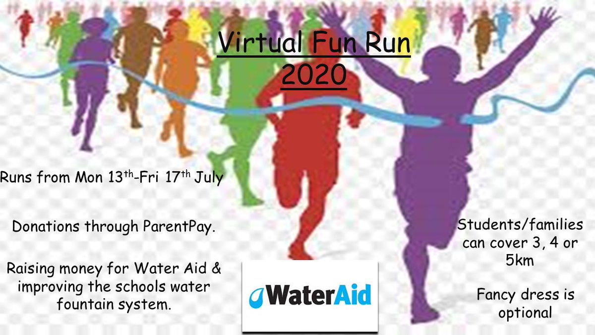 wyedeanpedept's tweet image. Virtual Fun Run WB 13th July cover 3,4 or 5KM make it a family event, fancy dress is optional.  Submit photos to your PE teacher through SMHW.  All money raised is going to @WaterAidUK and to improve the schools water fountain system. #virtualfunrun #teamwyedean