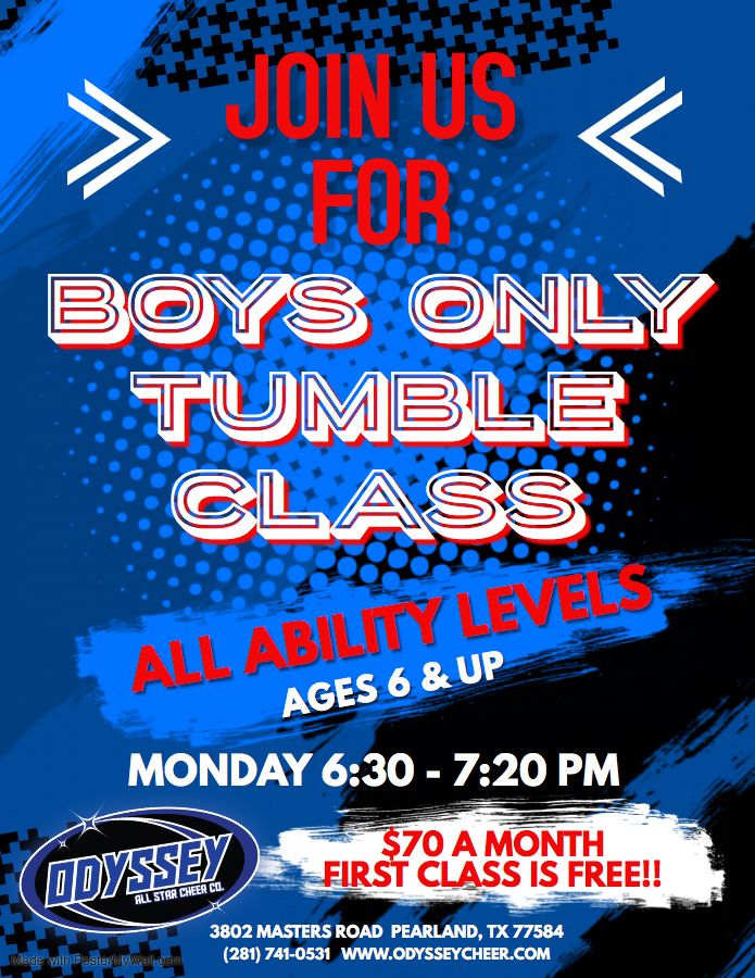 Calling all BOYS!! Join us TONIGHT for a FREE CLASS! This class will focus on basic to advanced tumbling. There is no previous tumbling experience needed! Call 281-741-0531 to register today! Limited spots available!