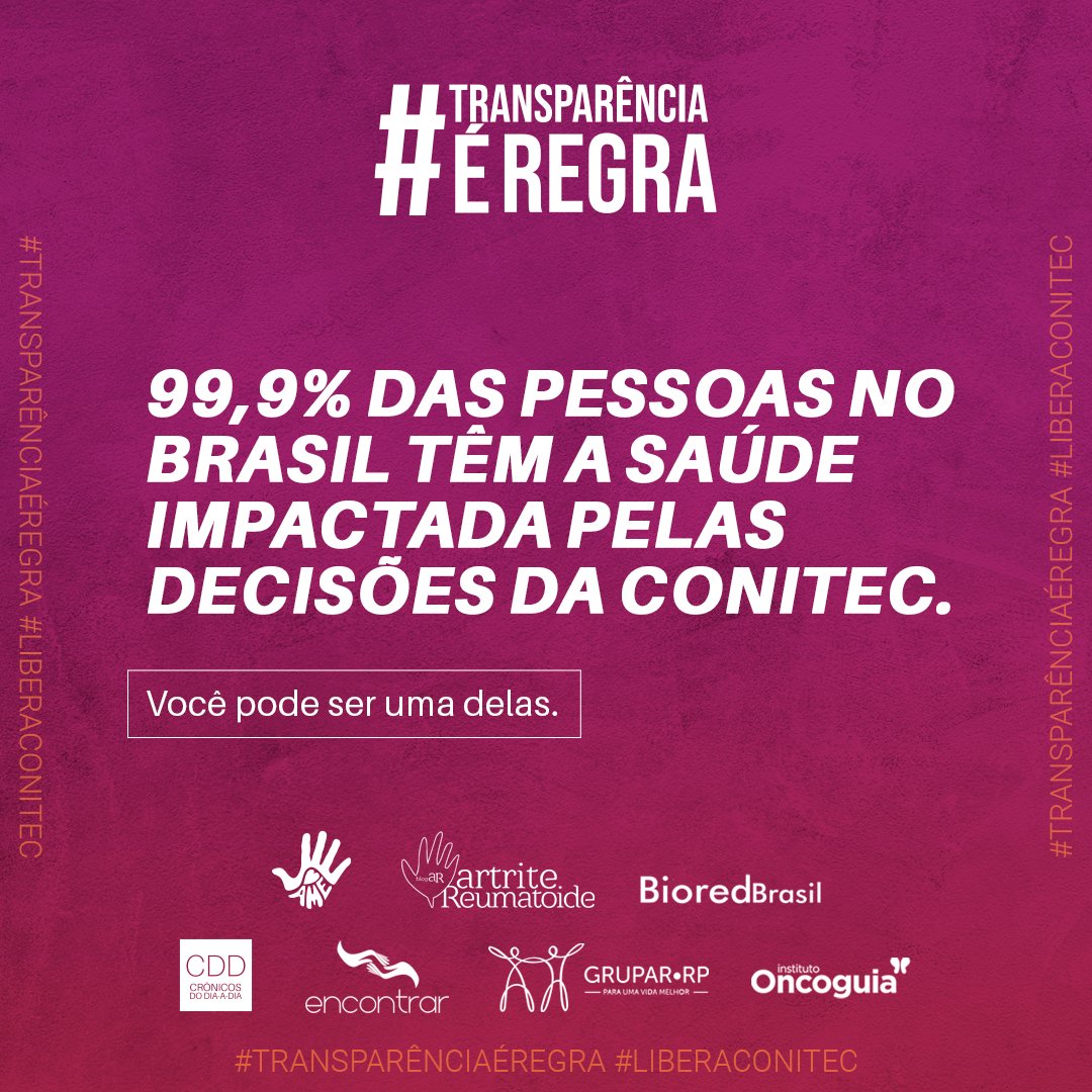 BlogueirosSaude's tweet photo. 🗣🚨Você, provavelmente, é uma das pessoas que tem a saúde impactada pelas decisões da CONITEC. Mas ninguém sabe ao certo como elas são tomadas
.
.
#TransparênciaÉRegra #LiberaCONITEC #MinhaVozImporta #ConitecOn
#TransparênciaCONITEC https://t.co/2wVSCk7jA3