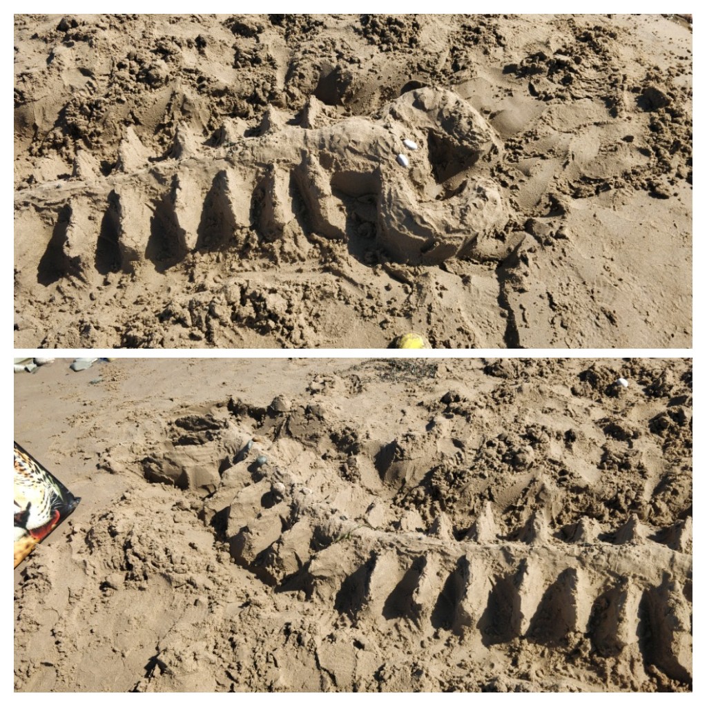 Beaver1982's tweet photo. @southwalneyinf Aaron with his sand sculpture for his weekly challenge. As with Aaron, it had to be a bug, it was his favourite insect, a centipede. https://t.co/AEhGPRfNWo