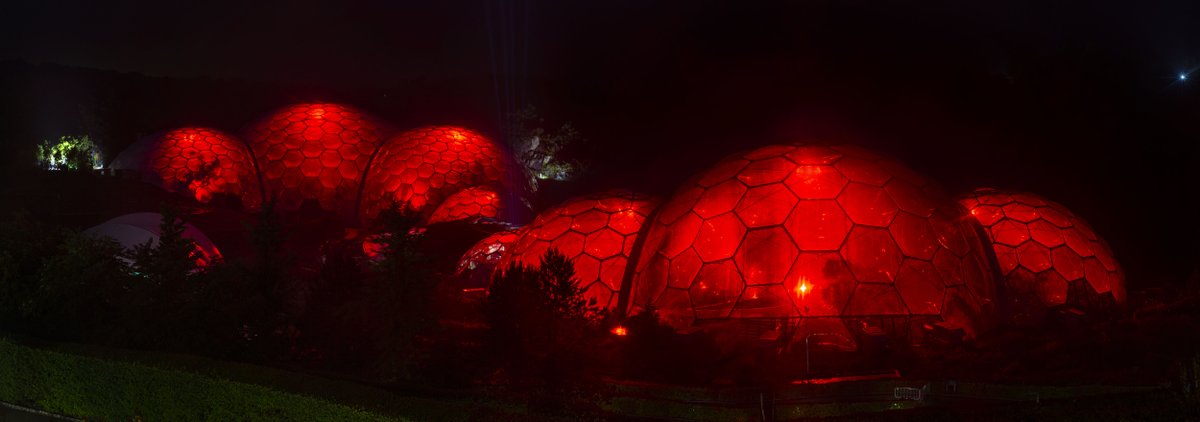 We've lit our Biomes in support of #lightitinred campaign that draws attention to the critical condition of the UK live event and entertainment industry. Thanks to @GlxProductions and Delta Crew for help in lighting the Biomes.