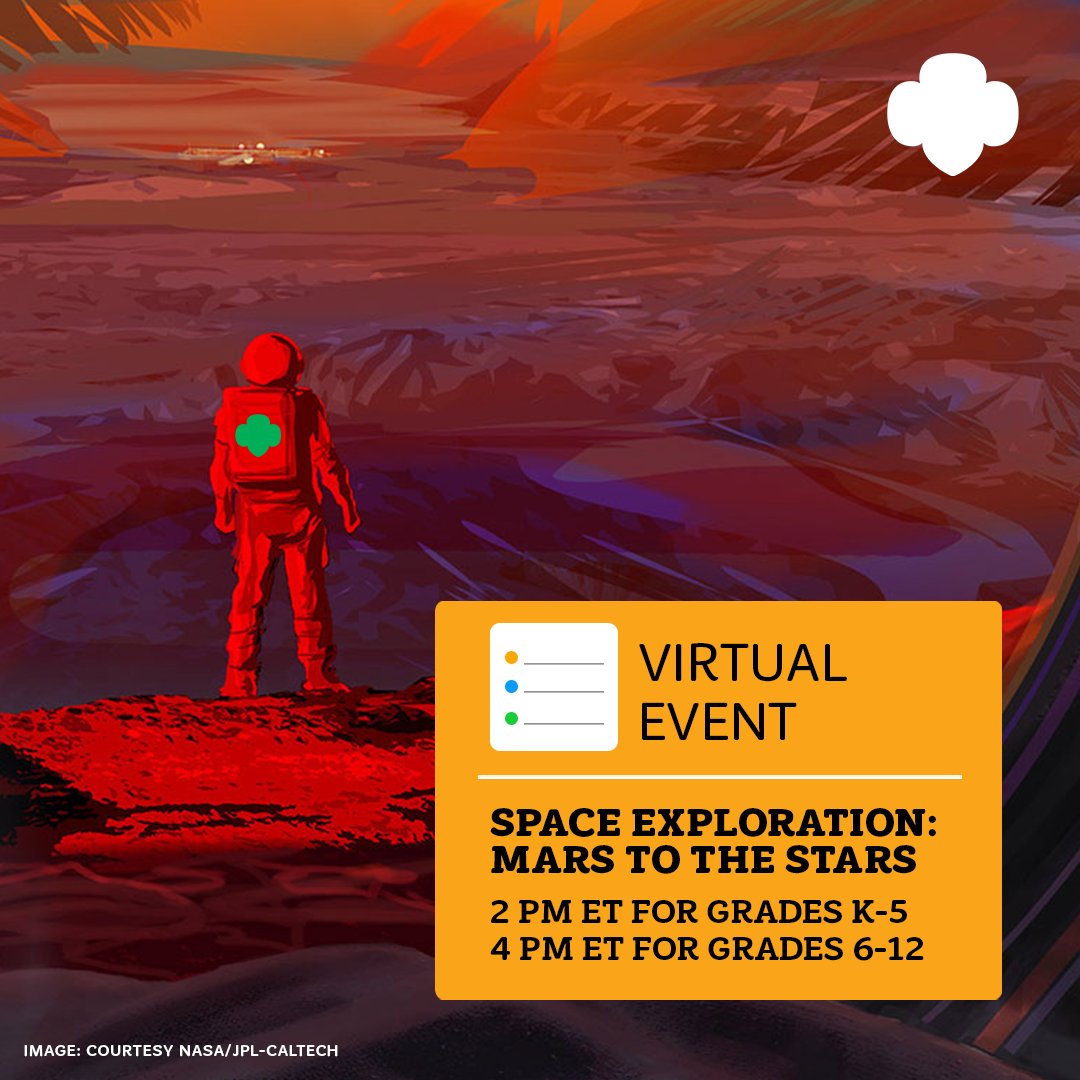 girlscouts's tweet photo. 3, 2, 1…blast off! 🚀👩‍🚀 🌠 Book your spot for our virtual event: Space Exploration—Mars to the Stars! Available for grades K–5 (https://t.co/WyS9IIaTLc) or 6–12 (https://t.co/ca7YTkV3Py). https://t.co/r1HebEVflh