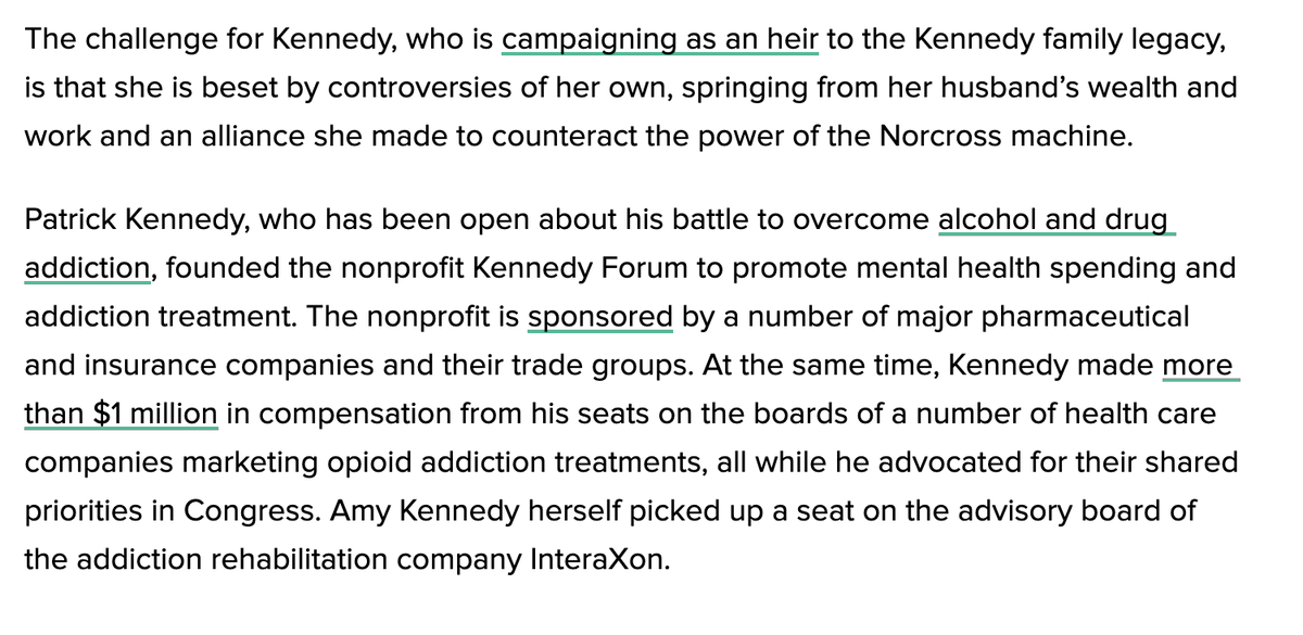 Former Rep. Kennedy is waist-deep in Pharma, other health care money through his anti-addiction work. The executive from a company that provide care at for-profit prisons have donated to Amy's campaign.Amy Kennedy also sits on an addiction treatment company's advisory board.