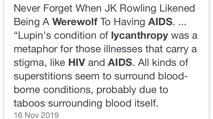 she compared lycanthropy to AIDS all whilst doing everything in her power to stop remus from being seen as gay - even lumping him with the only other notably queer character (tonks).