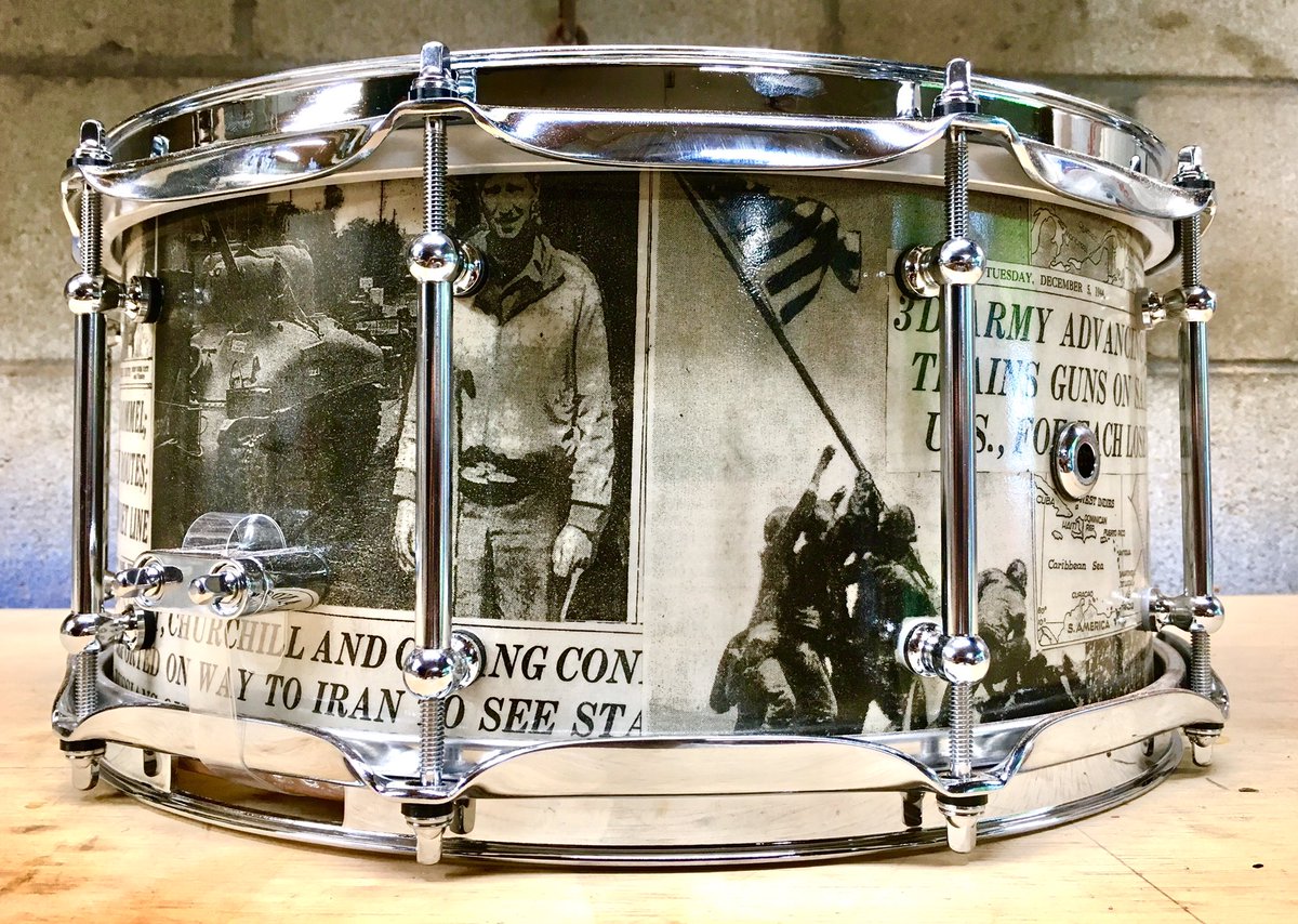 wailcity's tweet photo. 6.5x14 Birch shell, double ended tube lugs, 3.0 triple flange hoops, DW Mag throw, Chrome badge. The finish on this drum is news paper headlines from World War 2. Comment if you like what you see.
#wailcity #wailcitypercussion #Birch #drum #staveshell #stavedrum #woodworking https://t.co/aJrUxfCrON