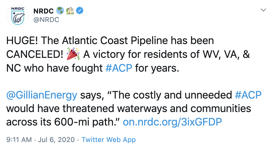 GinaNRDC's tweet photo. Two HUGE victories for communities, public health and the environment! #NoDAPL #ACP https://t.co/wp4HGYIv8j