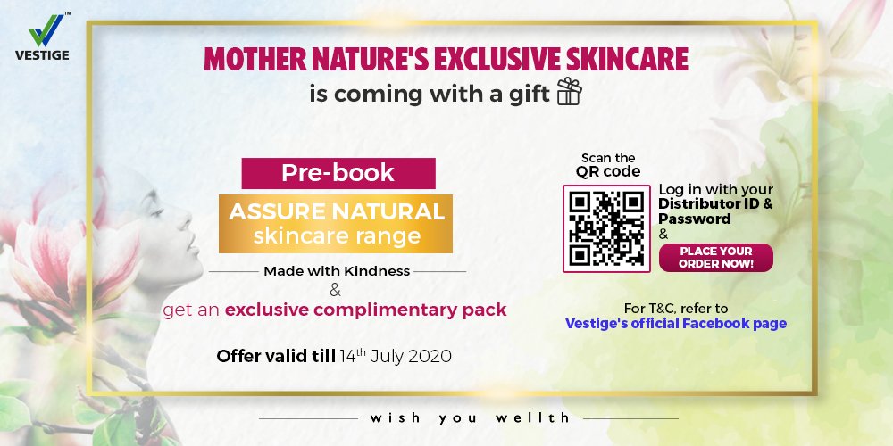 vestigemkt's tweet photo. Be the first one to pamper your skin with Mother Nature's love &amp; comfort. 🌸🥰🌸 

Pre-book your ASSURE Natural products before the official launch &amp; get an exclusive complimentary pack.

Hurry up, offer valid till 14th Jul'20!

👉https://t.co/jdCNTMEKyW

#WishYouWellth https://t.co/jToIMI9oIG