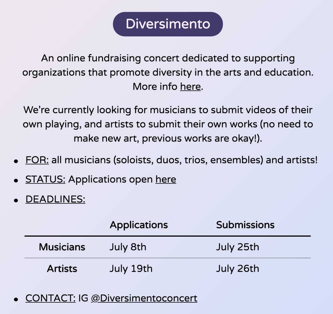 linglingcollabs's tweet photo. - Diversimento -

An online fundraising concert, hosted by a group of NYC HS students, dedicated to supporting orgs. that promote diversity in arts and education.

Musician apps close on JULY 8
Artist apps close on JULY 19

See a list of ongoing projects @ https://t.co/UfjXx3MeUr https://t.co/Vvy0Qr3v6B