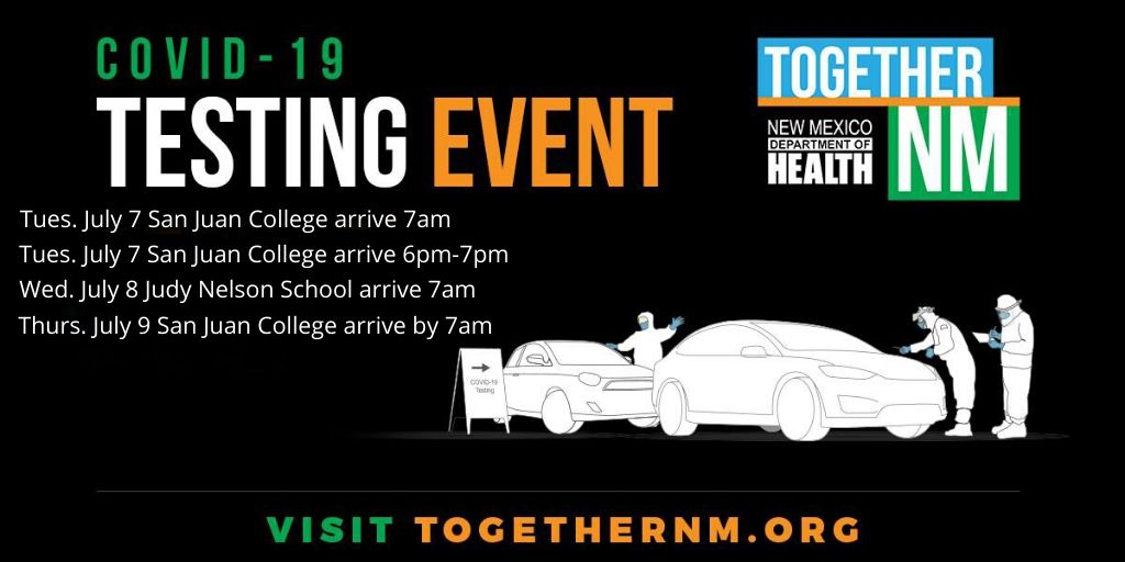 .<a href="/NMDOH/">NM Dept. of Health</a> continues #COVID19 testing: Tues 7/7,  at <a href="/SanJuanCollege/">San Juan College</a> arrive 7am or between 6-7pm. Wed. 7/8 Judy Nelson School, arrive 7am. Thur. 7/9 San Juan College, arrive 7am. Register BEFORE arrival at: cvtestreg.nmhealth.org. Info: 505-327-4461.
<a href="/SanJuanCountyNM/">San Juan County NM</a> <a href="/CityofFmtnNM/">City of FarmingtonNM</a>