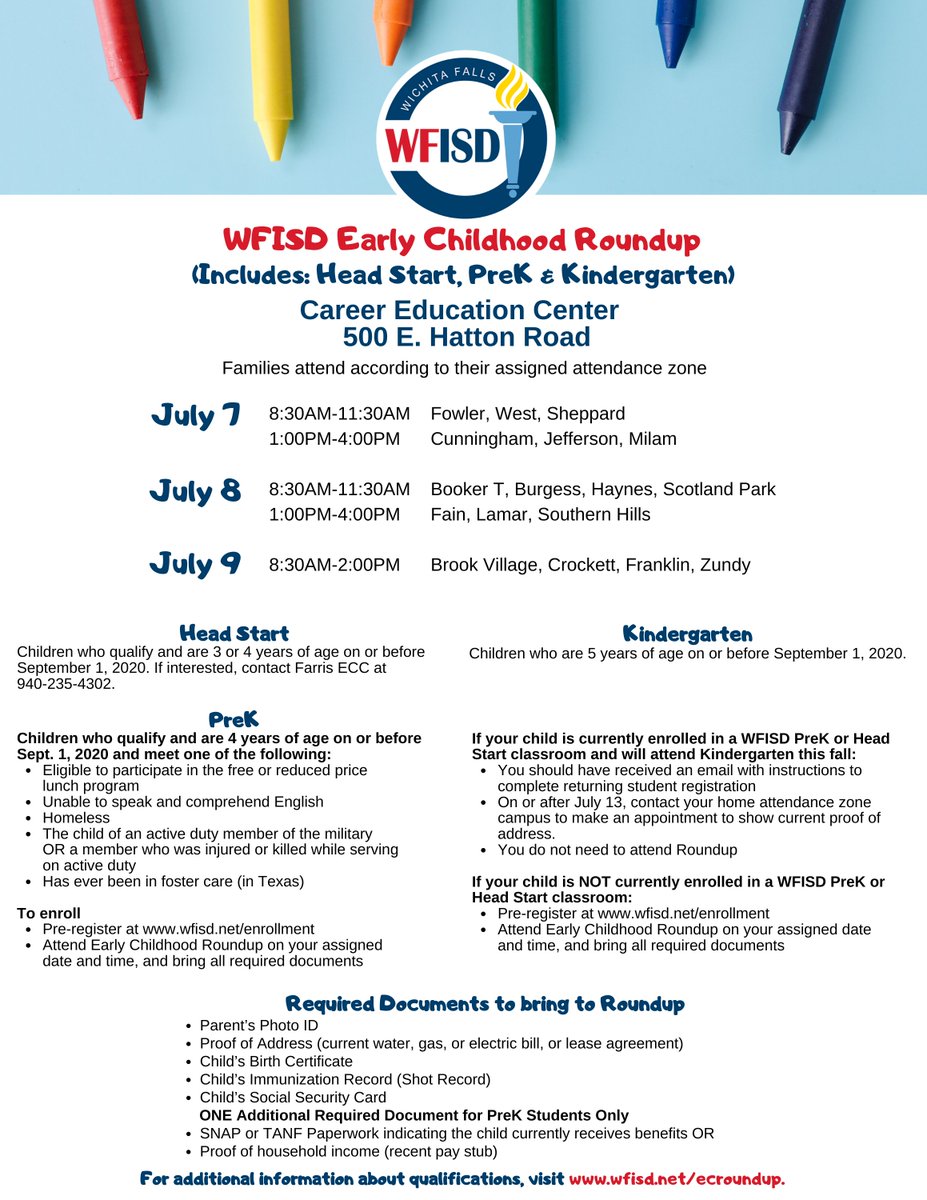 WFISDschools's tweet photo. Early Childhood Roundup is this week at the @WFISD_CEC. See the flyer below to determine which day you should attend. If your child has been enrolled in a WFISD PreK or Head Start program, you do not need to attend the Roundup. @Kuhrteous https://t.co/zARWr7NCpW