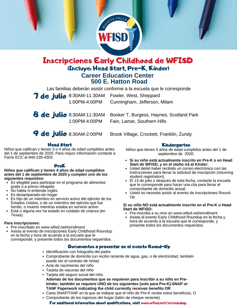 WFISDschools's tweet photo. Early Childhood Roundup is this week at the @WFISD_CEC. See the flyer below to determine which day you should attend. If your child has been enrolled in a WFISD PreK or Head Start program, you do not need to attend the Roundup. @Kuhrteous https://t.co/zARWr7NCpW