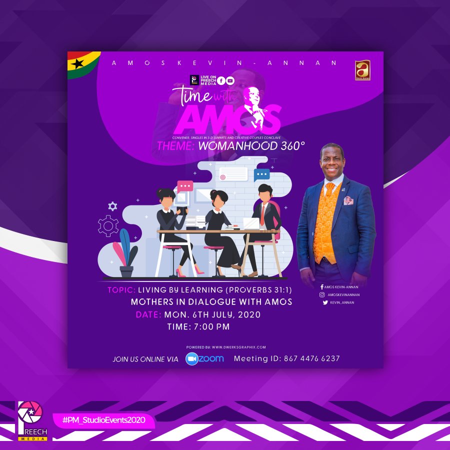 PreechMedia's tweet photo. #PM_StudioEvent2020
#TimeWithAmos
#Womanhood360

TIME WITH AMOS

Theme: Womanhood 360°

📅 Monday, 6th July, 2020
🕓 7pm
Live on Facebook: Preech Media
Zoom - Meeting ID: 867 4476 6237 https://t.co/xbX1FDOsYj