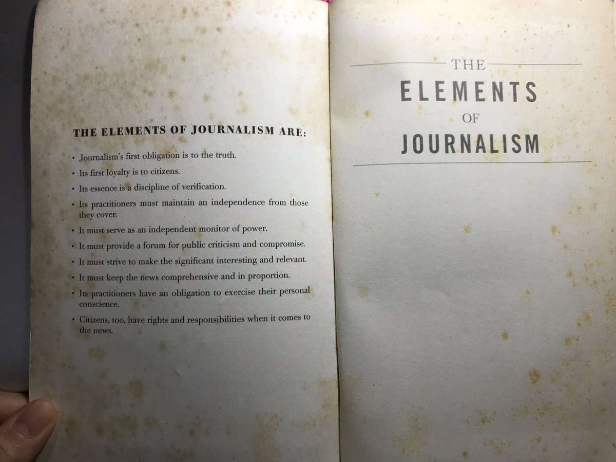 My well-worn copy of “The Elements of Journalism” by  @TomRosenstiel & Bill Kovach. For many journ students, this was an essential part of our foundation. I think it would benefit our lawmakers to read this book & gain an understanding of the profession they are questioning today.