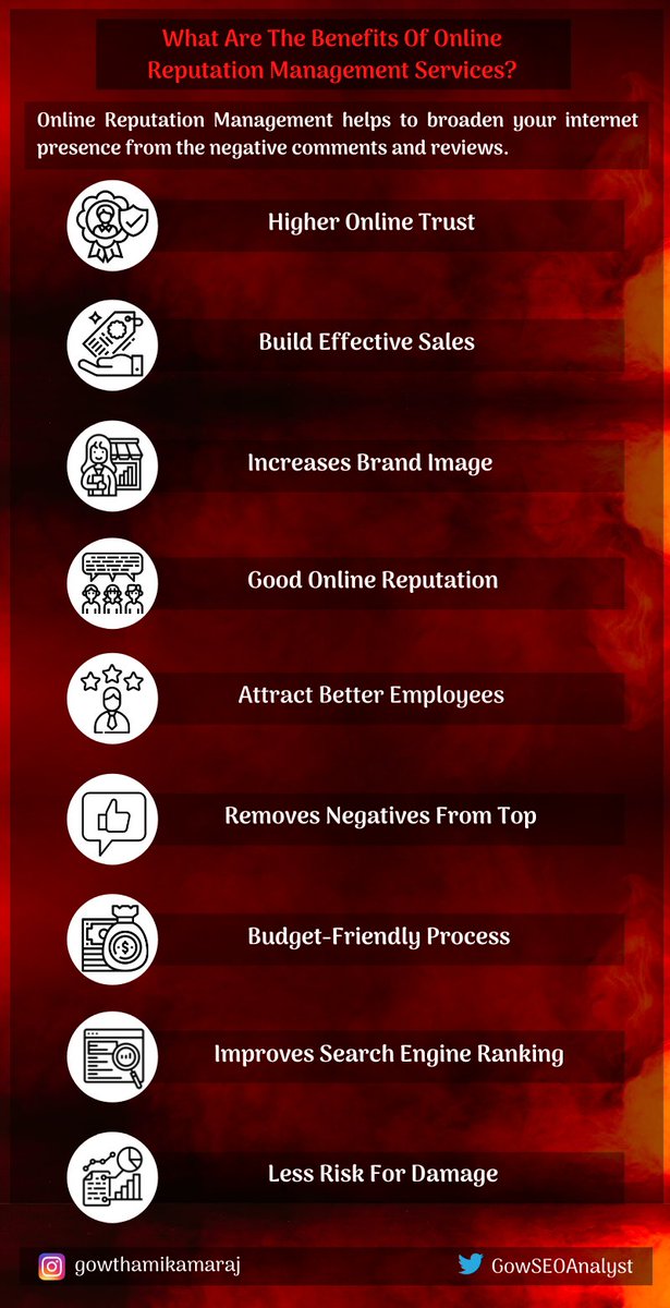GowSEOAnalyst's tweet photo. Advantages Of #OnlineReputationManagementServices To Your Businesses!

For More Info, Read My #Blog @ https://t.co/R2kTaDWmlo

#ORMServices #DigitalReputationManagement #OnlineReputationManagement #DigitalMarketing #SearchEngineOptimization https://t.co/l3dmY2q7JU