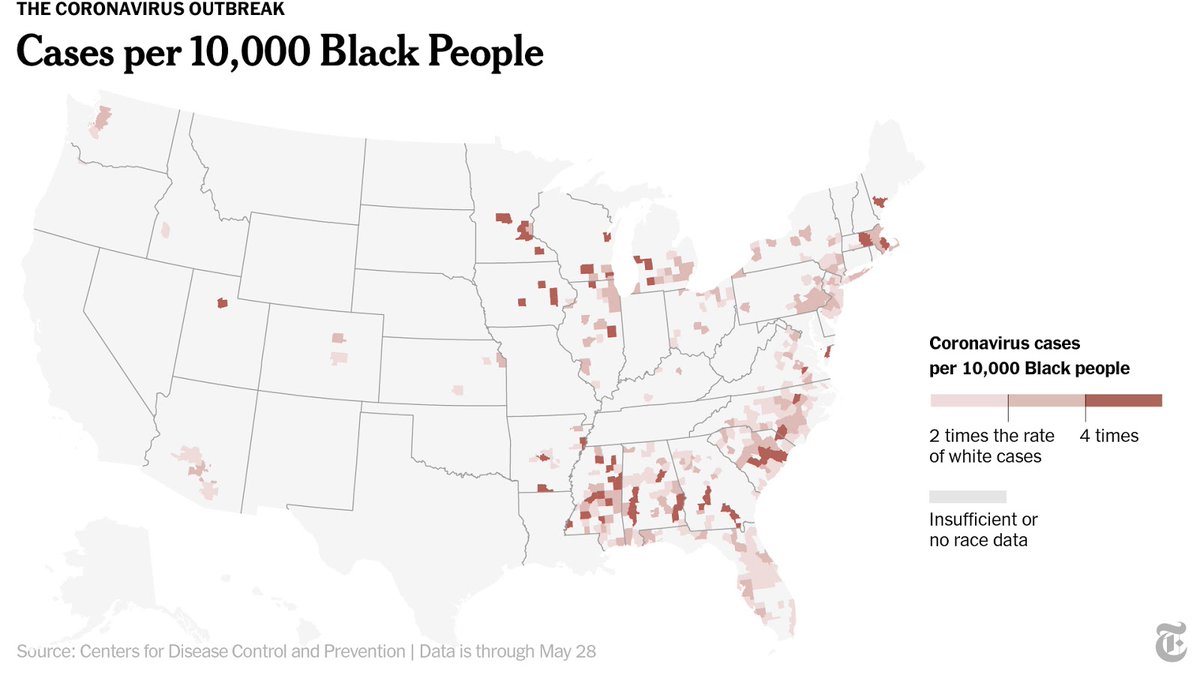 Among 249 U.S. counties with at least 5,000 Black residents for which we obtained detailed data, the infection rate for African-American residents is higher than the rate for white residents in all but 14 of those counties.  http://nyti.ms/31QRGKy 