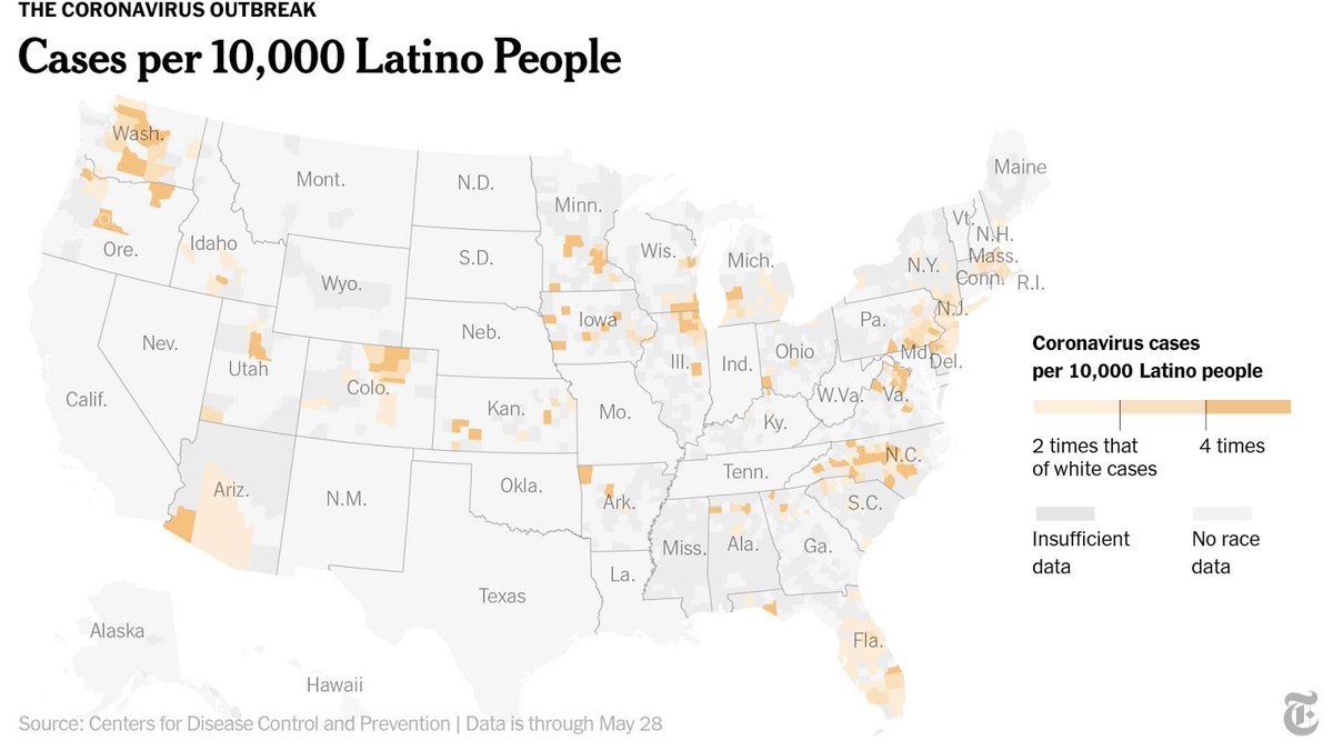 For 206 counties with at least 5,000 Latino residents for which we have detailed data, 178 have higher coronavirus infection rates for Latino residents than for white residents.  http://nyti.ms/31QRGKy 